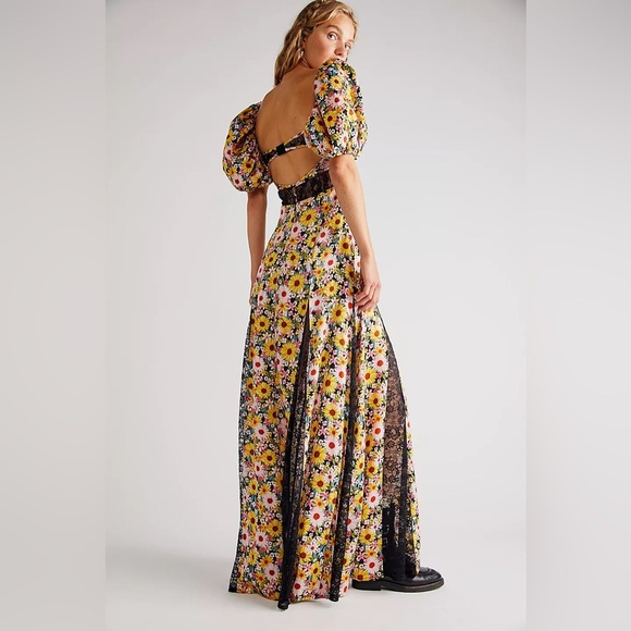 NWT For Love & Lemons Sylvia Floral Lace Puff Short Sleeve Slit Maxi Dress - Picture 4 of 15